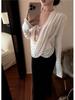 Women's White Lace Patchwork Two-Piece Cowl Neck Long Sleeve T-Shirt