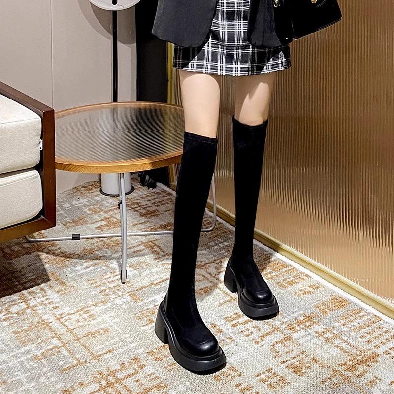 Super Long High Boots Women's Thin Bag Thigh Muffin Thick-soled Boots European and American Fashion High-heeled High-tube Elastic Thin Boots