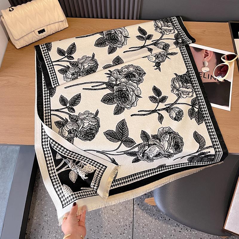 

Французский ретро-небольшой аромат, элегантный темпераментный шарф, праздничные сюрпризы, осенне-зимняя мода, атмосфера, набивная шаль 180cm чёрный