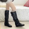 Sleeve Inside Heightened No Knee Boots Fashion Round Toe Soft Leather Soft Sole Belt Buckle Low Heel Knight Boots