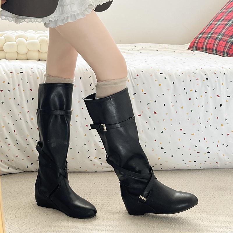 Sleeve Inside Heightened No Knee Boots Fashion Round Toe Soft Leather Soft Sole Belt Buckle Low Heel Knight Boots