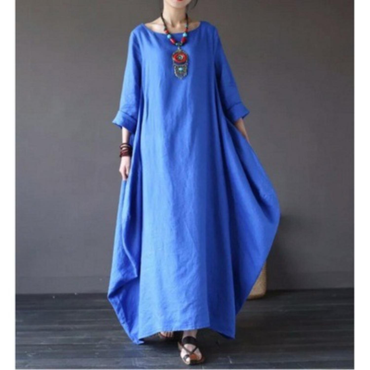 Women s Round Neck Sleeveless Loose Fit Maxi Dress Casual Solid Color A-Line Long Gown S