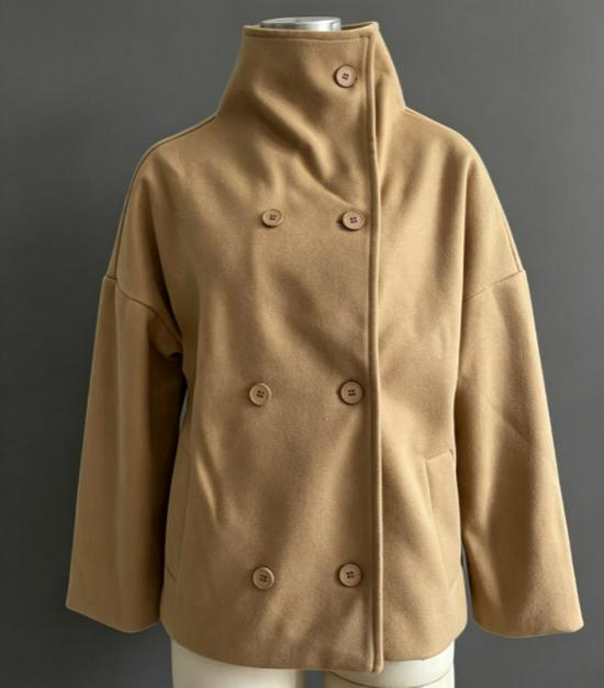 Cappotto Corto Double-Bretto a Colletto Rialzato Monocolore 2025 - Maniche Lunghe, Autunno/Inverno
