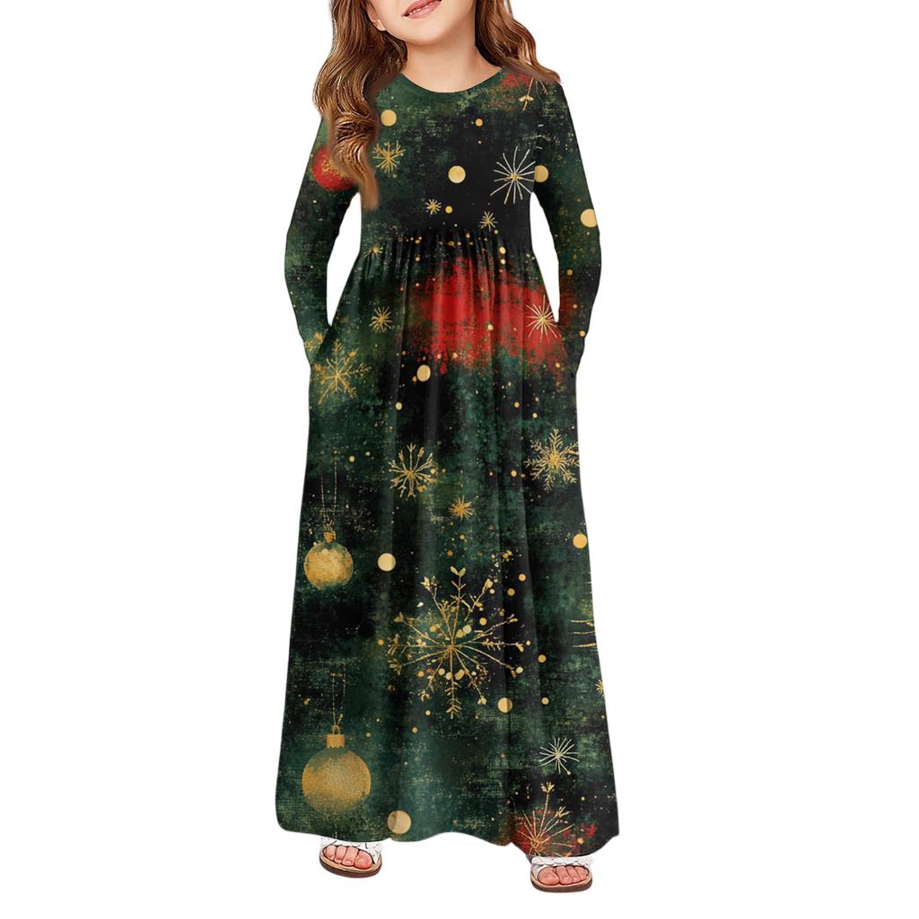 Rochie Maxi pentru Fete - Rochie cu Mânecă Lungă și Buzunare Zi de Crăciun