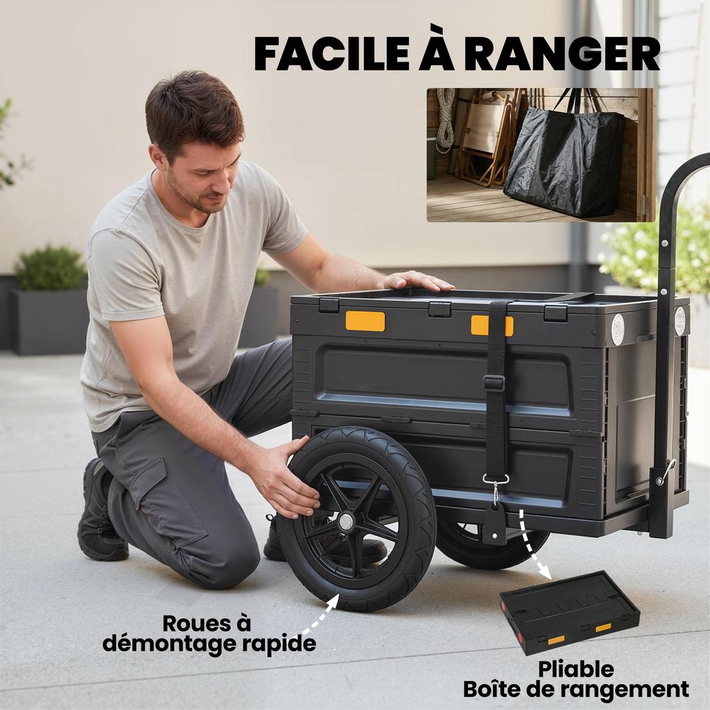 Bike Trailer Cargo Cart, Folding, Plastic Box, 65 L, 145 x 51.5 x 72 cm, Black