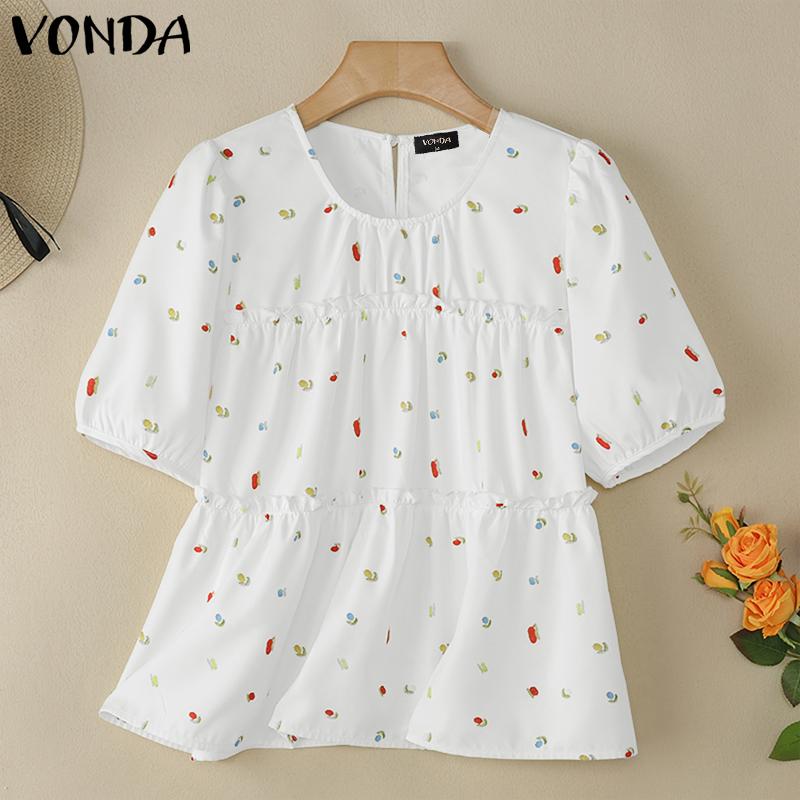 

VONDA Women Summer O-neck Short Sleeve Ruffled Floral Print Casual Blouse S білий