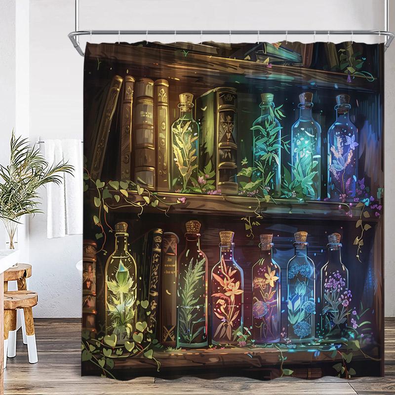 Vintage Bookshelf Shower Curtain Retro Book Green Plant Leaves Modern Fabric Home Wall Hanging Bathroom Curtain Decor with Hooks