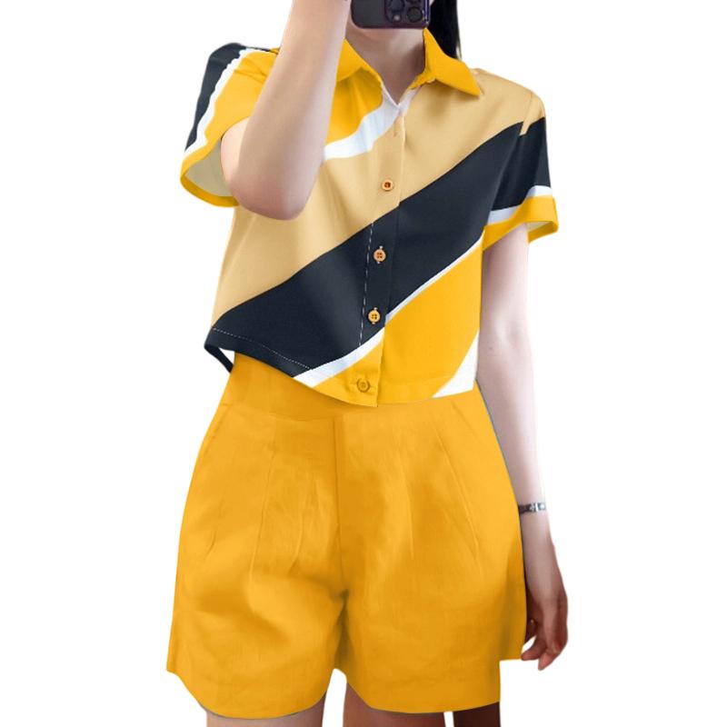 

ZANZEA Женские рубашки с коротким рукавом с принтом и шорты Летние костюмы-двойки 5XL жёлтый