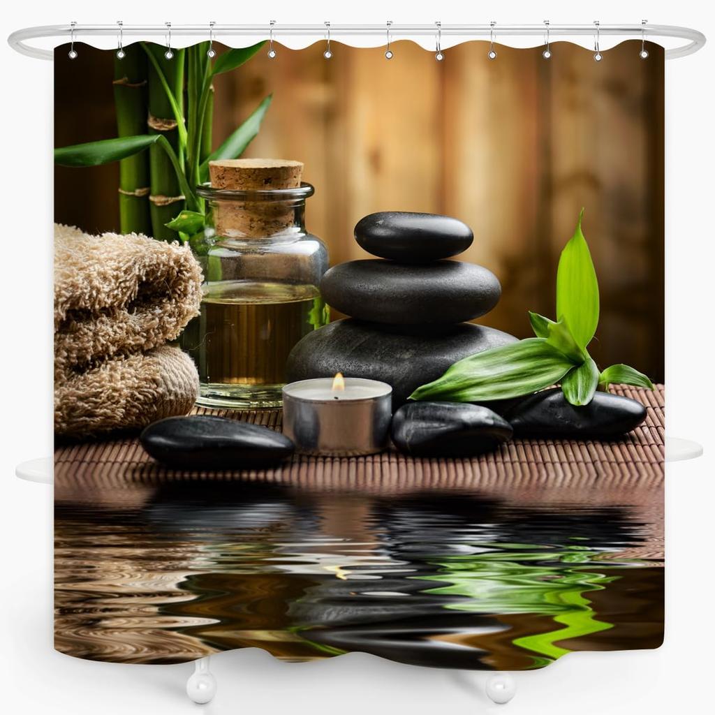 Zen Spa Shower Curtain Basalt Stones Herbal Oil Scent Candles Bamboo And Water Reflection Relaxing Meditation Home Dcor Waterpr