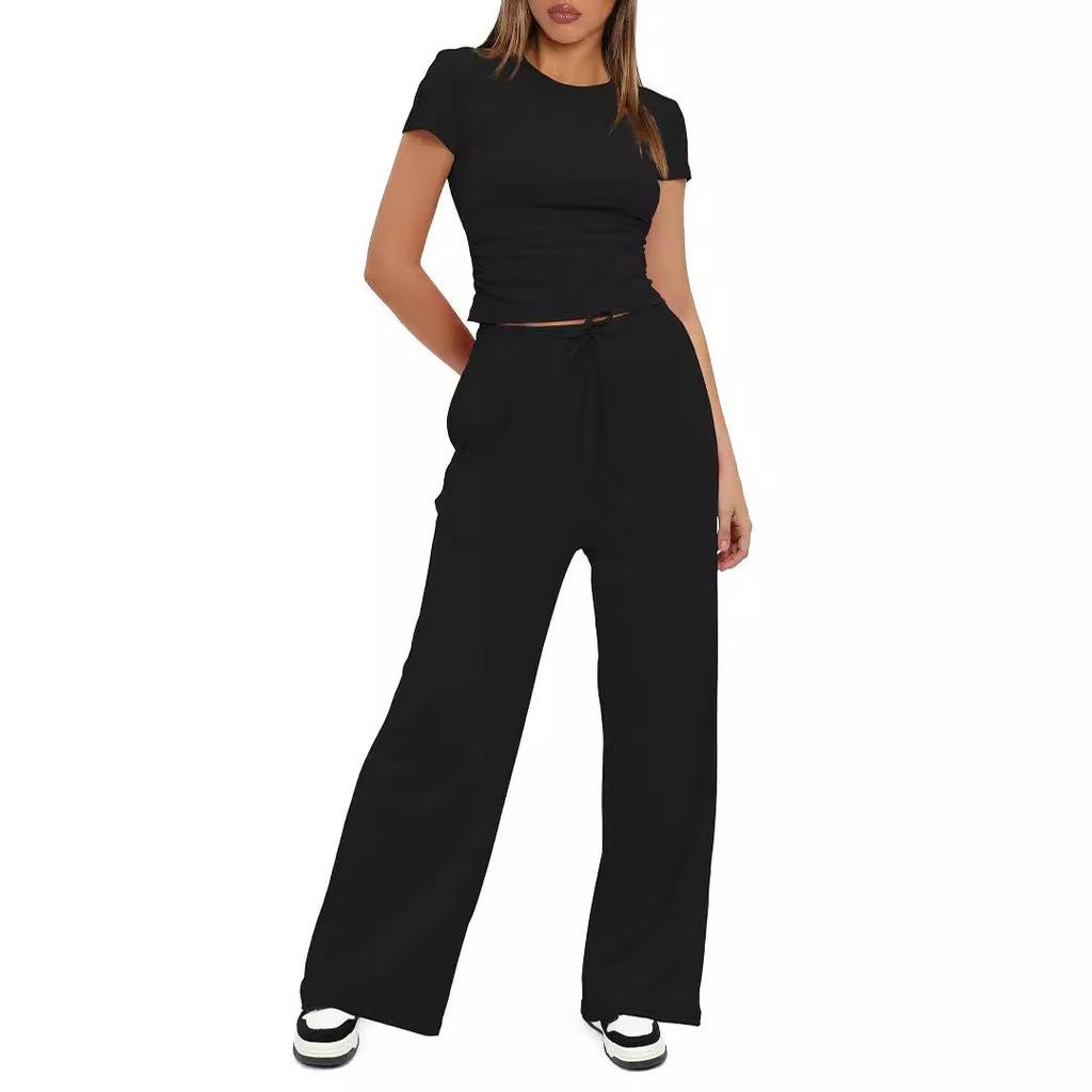 Ladies' Slim Fit Solid Color Casual Short Sleeved Top, High Waist Wide Leg Pants Sports Suit