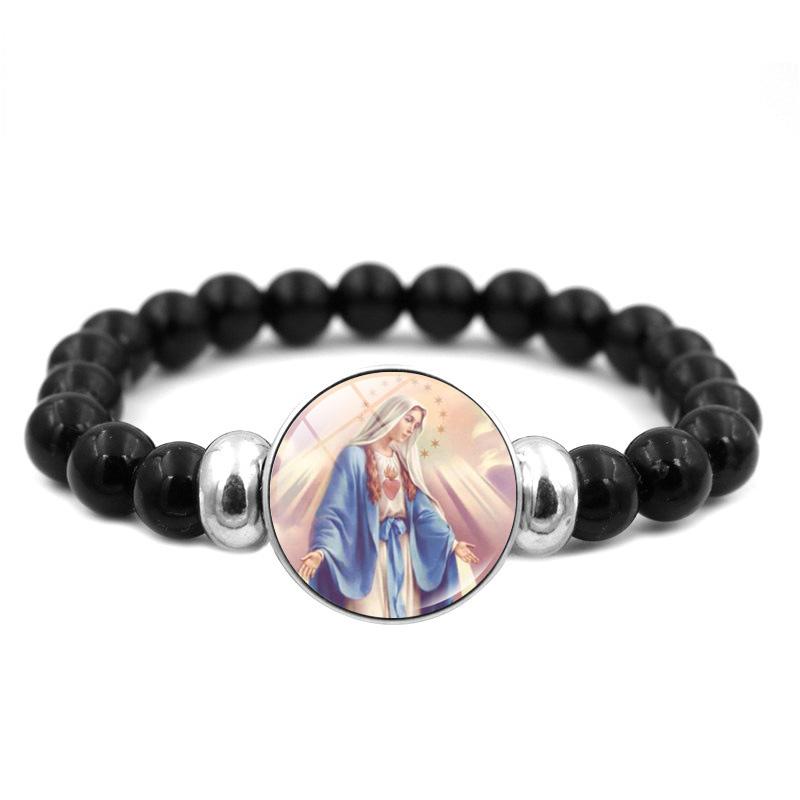 Christliches Jesus-Armband mit schwarzen Perlen, elastischer Schmuck, Jungfrau Maria, Glas-Druckknopf-Armbänder für Männer und Frauen, katholische Geschenke