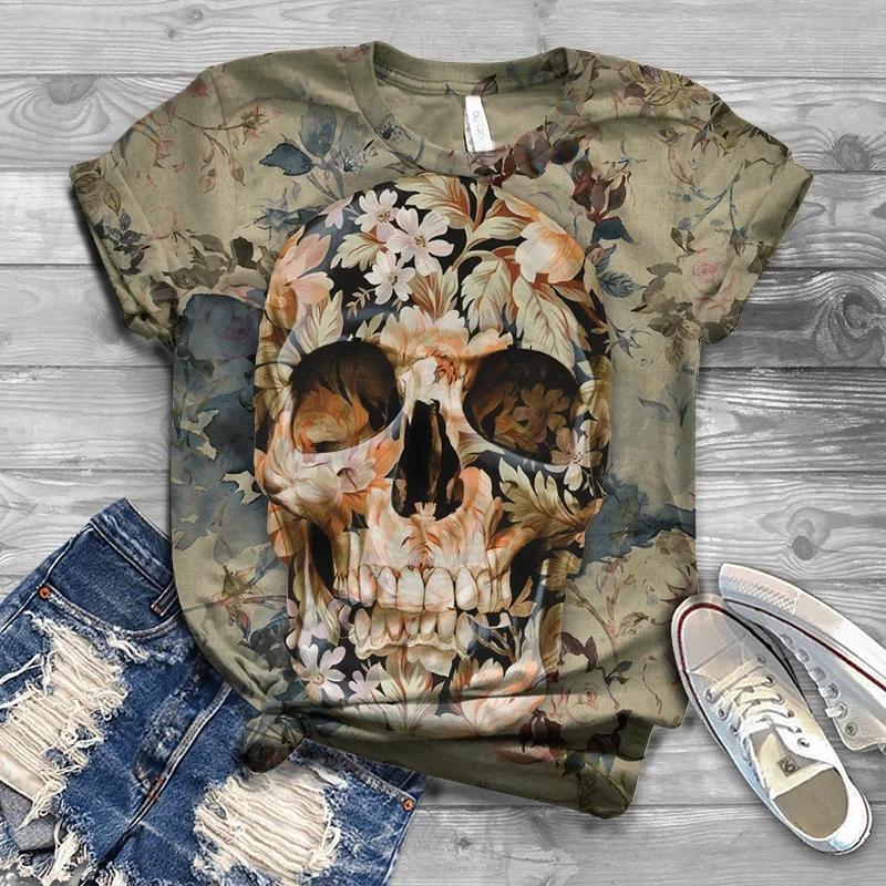 

Summer Round Neck Skeleton Pattern 3D Print Top Fashionable Casual Short Sleeved Women s T-shirts XS