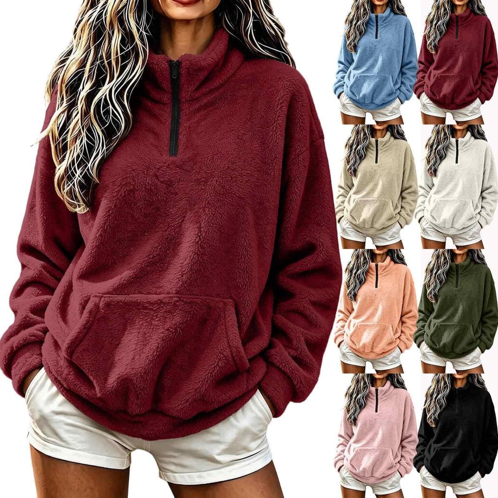Women's High Neck Zip Up Long Sleeve Loose Fit Casual Pullover Top