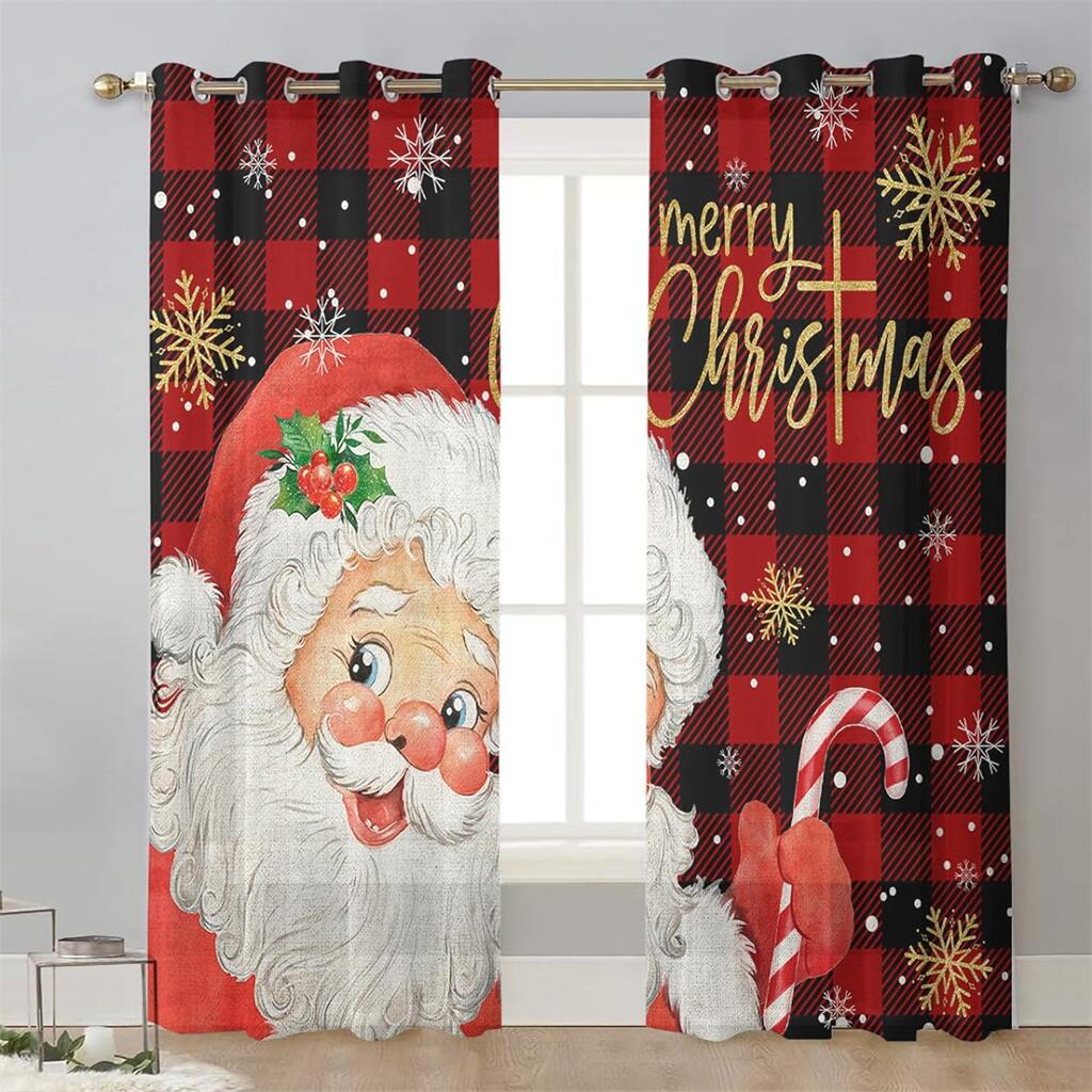 Christmas Red Curtains Santa Claus Snowman Print Window Drapes 2 Panels Living Room Bedroom Kids Sun Block Decor