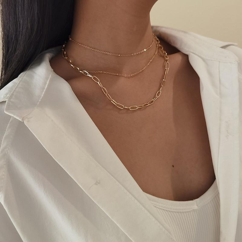 Fashion copper beads geometric metal versatile accessories women, multi-layer simple thin chain personalized necklace