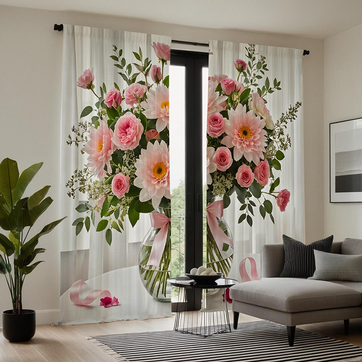 

2 шт. ваза HD Букет роз декоративная занавеска Розовая завязка цифровая печать занавеска Стиль украшения дома Декоративная гостиная W52H63inchW132H160cm