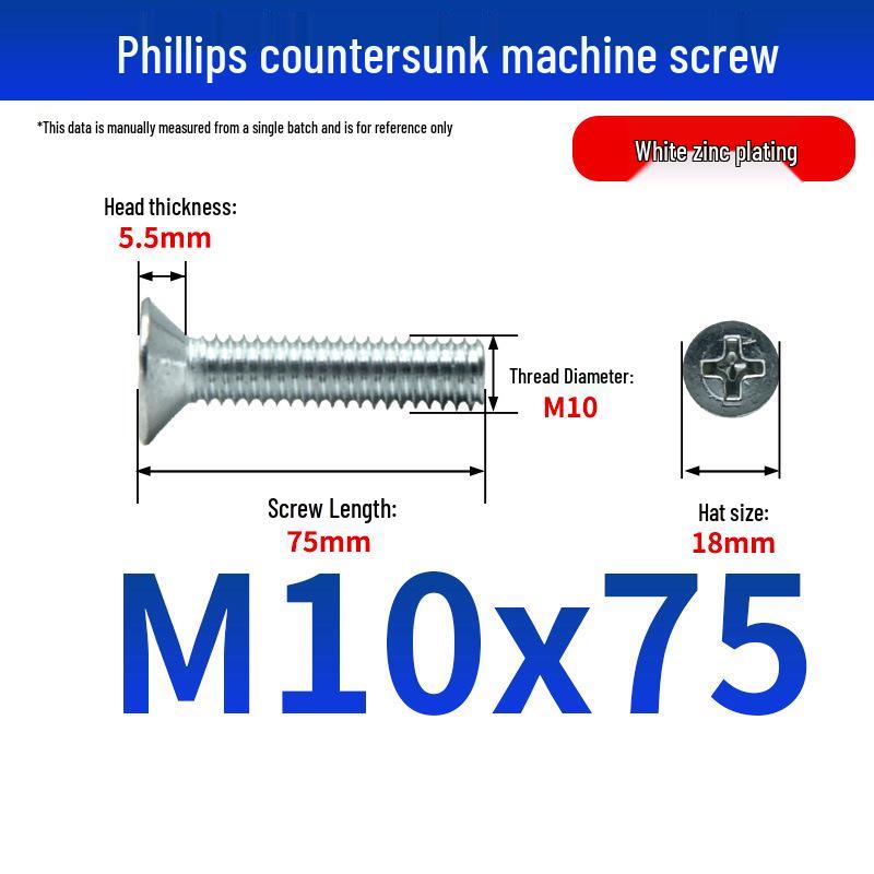 White Zinc Plated Cross Recessed Countersunk Head Screws & Bolts, Machine Thread, M3-M12