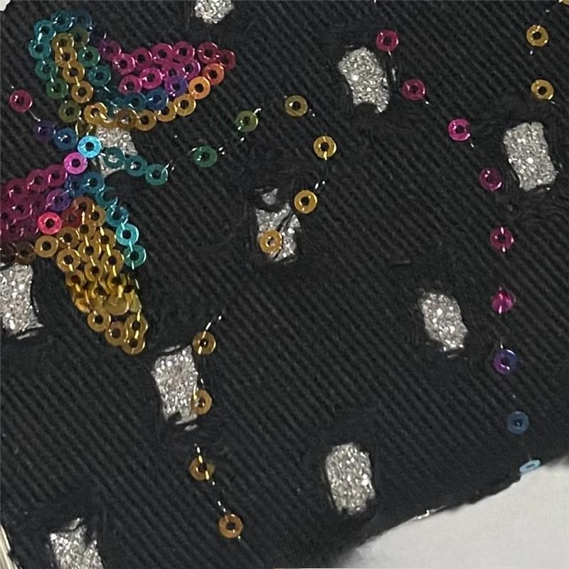 

1/3yards Iridesy Butterfly Sequin Embroidered Fabric Twill Washed Denim Fabric Worn Perforated Glitter Composite Material 1Yard