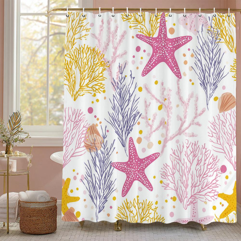1PC Watercolor starfish pattern printed shower curtain, waterproof, with hooks, bathroom showers, bathtub, fashionable home user