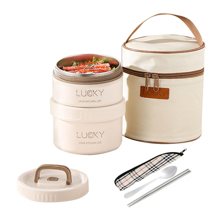 

OIIZREO Insulated Lunch Box, 2-Tier Lunch Jar, Large Capacity, Stainless Steel, Vacuum Insulated Soup Lunch Set, Thermos, 1000ml, Leak-Proof