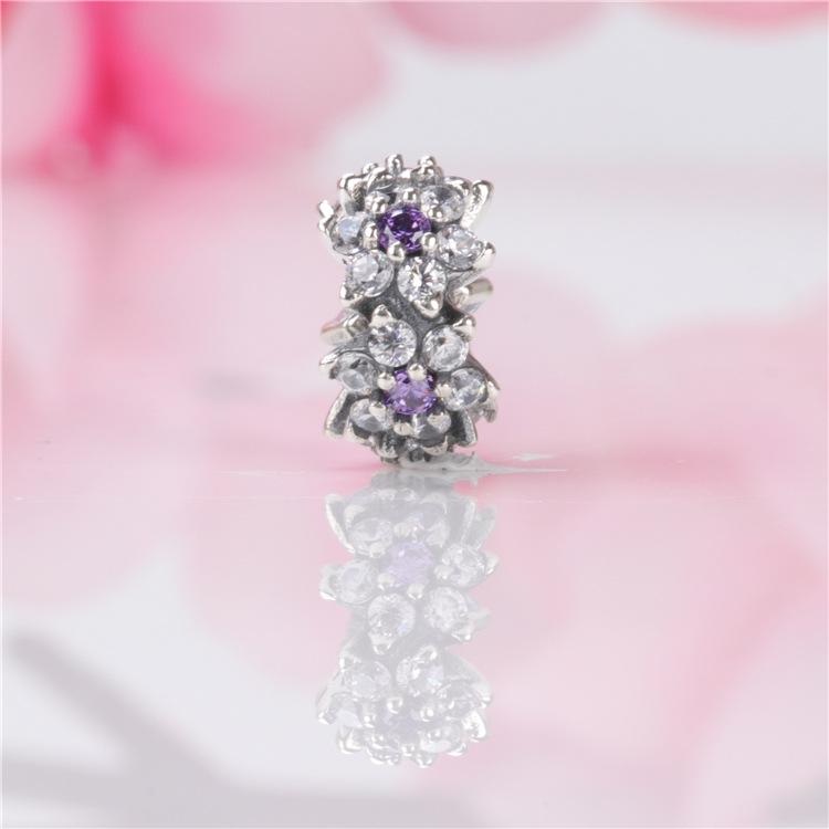 Pan Jia Pure Silver 925 Purple Cherry Blossom Beaded Strands with Rhinestone-Studded Flower. фиолетовый бриллиант