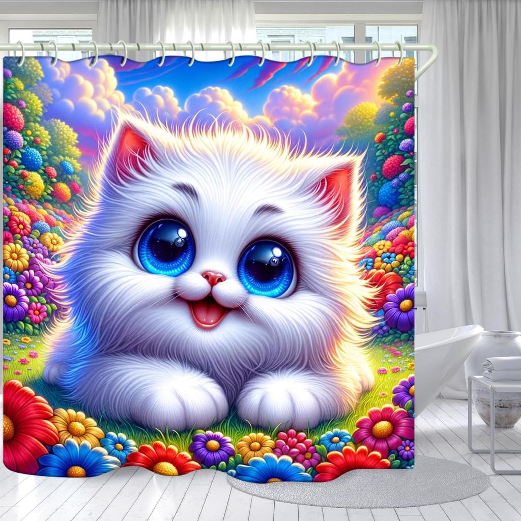 Bathroom Using White Cat 3D Shower Curtain, Deluxe Bathtub Standard Shower Curtain, Waterproof and Bright Fabric Shower Curtain