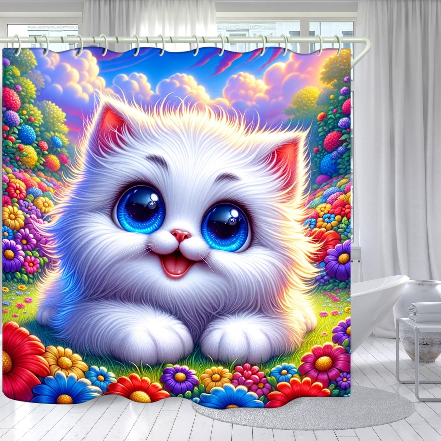 

Bathroom Using White Cat 3D Shower Curtain, Deluxe Bathtub Standard Shower Curtain, Waterproof And Bright Fabric Shower Curtain W60H190(CM)-1 Pcs