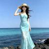 Seaside vacation style blue printed suspender dress beautiful gentle temperament waist slim fishtail skirt summer