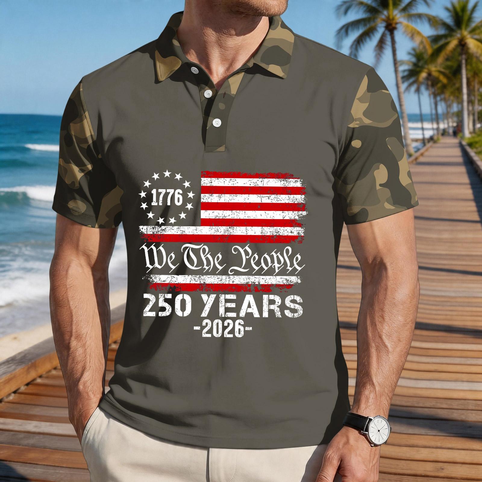

Men s Loose Fit Casual Short Sleeve Polo Shirt with Digital Camouflage Sleeves and Printed Flag Graphic 250 Years Commemorative Design XXL