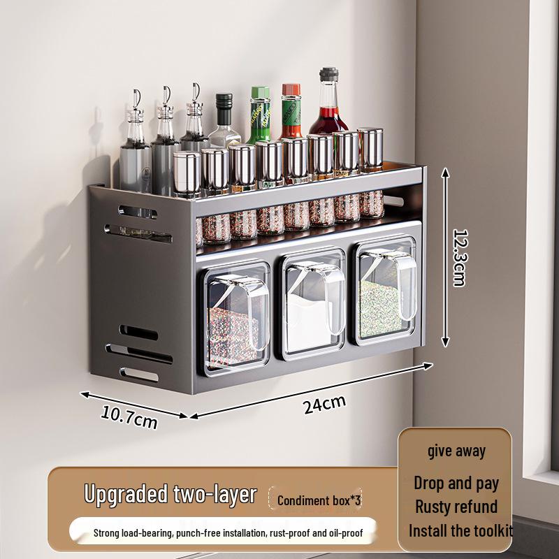 Punch-Free Wall-Mounted Kitchen Seasoning Rack with Jars and Condiment Set