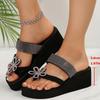 Fashion Brand Designer Glitter Flower Wedge Heels Slippers Silver Glitter Strap Clip Toe Slippers Women 2025 Summer Sexy Beach Sandals