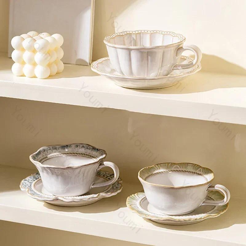 Light Luxury Retro Ceramic Cups Home Afternoon Tea Party Coffee Cup Creative Relief Exquisite Coffee Cup Plate Set Birthday Gift