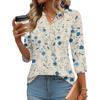 Women's Fashionable Casual Retro Floral V-Neck Decorative Button Three-Quarter Sleeve T-Shirt Top