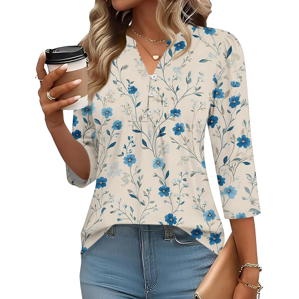 Women's Fashionable Casual Retro Floral V-Neck Decorative Button Three-Quarter Sleeve T-Shirt Top