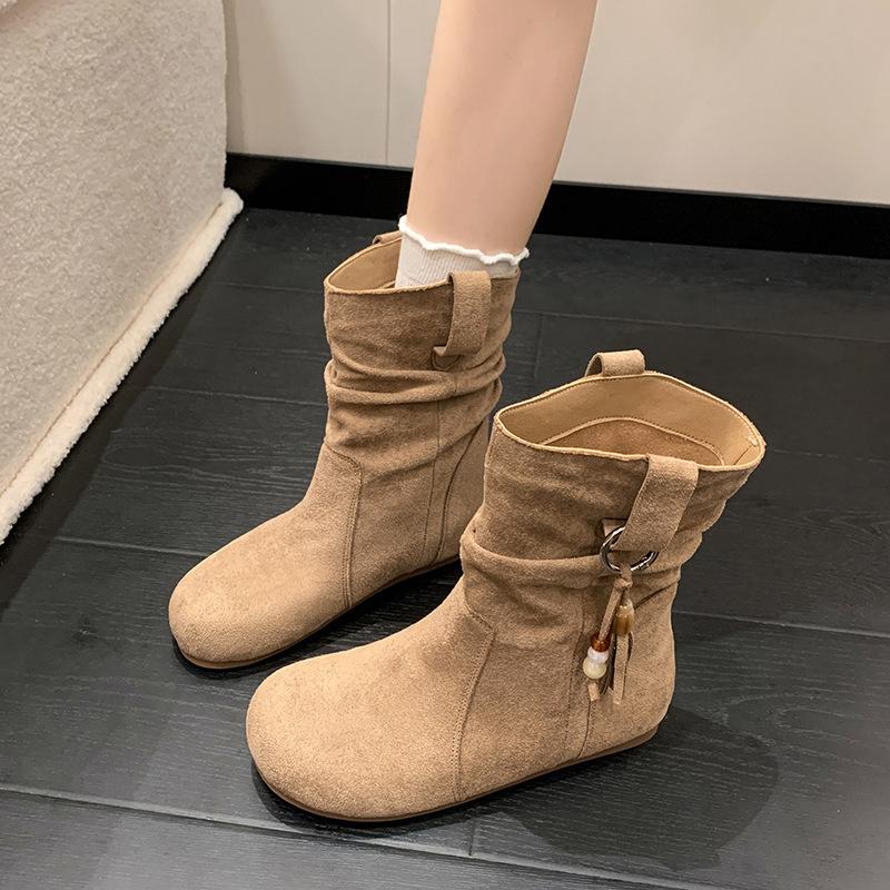 Retro ethnic style pile short boots women's 2025 autumn new Maillard brown medium boots inner height-increasing Martin boots