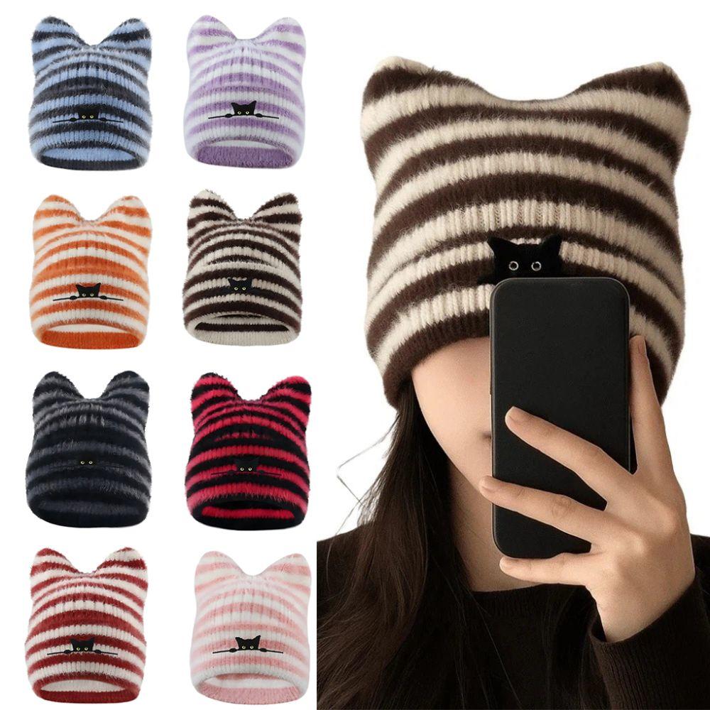 Cold Proof Embroidered Hat Keep Warm Pullover Hat Fashion Women Cat Ear Knitted Hat Outdoor Sports