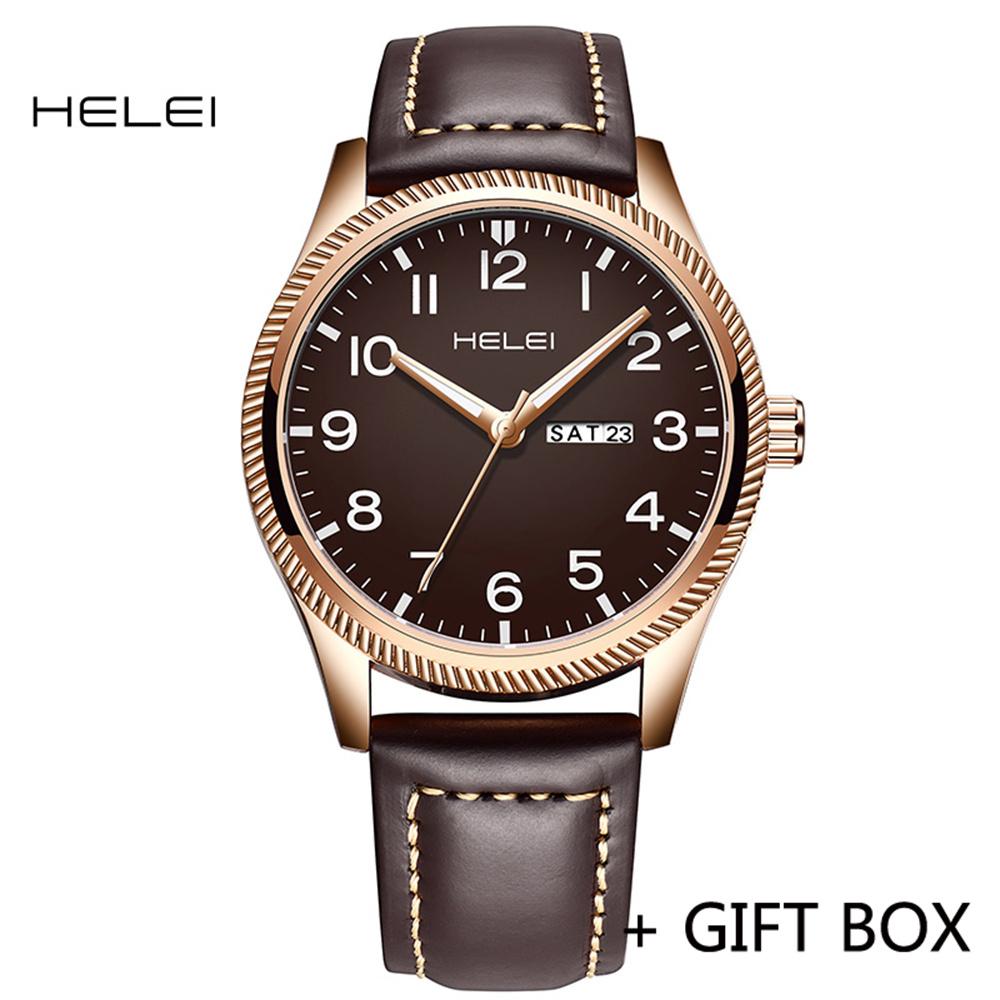 HELEI Sport Men Watch Top Brand Luxury Military Waterproof Male Clock Quartz Business Original Leather Wristwatch Gift 9007AL