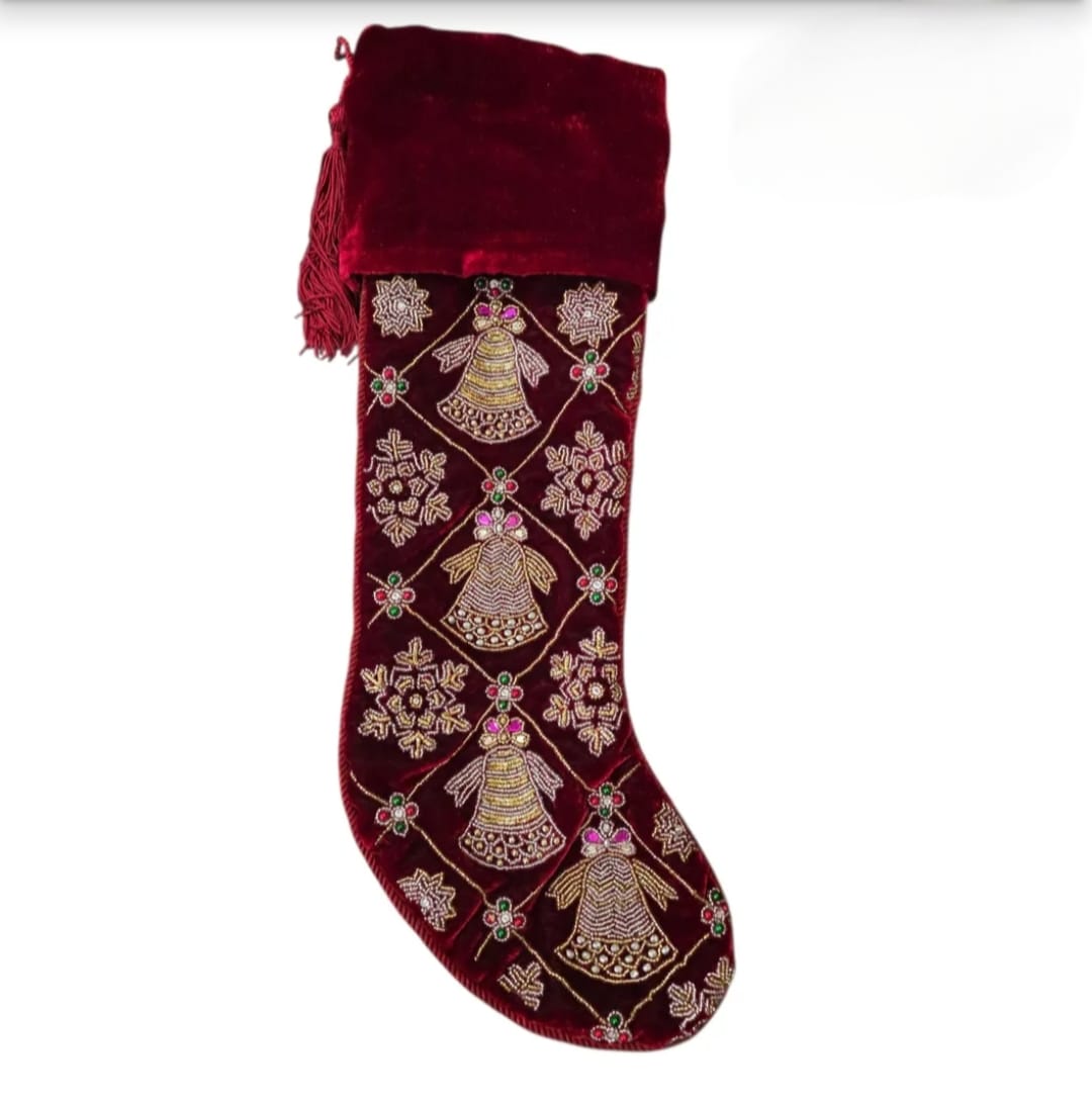 

Handmade Velvet Christmas Stocking Beaded Bells & Snowflakes Luxury Holiday Décor 21” Embroidered Red Velvet Xmas Fire Mantel Decor Gift червоний