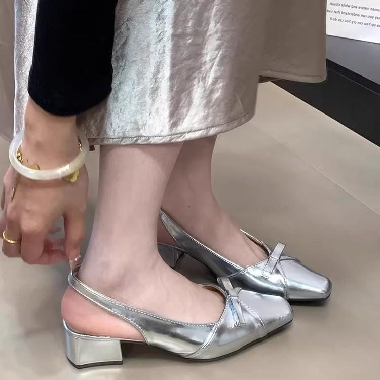 French Square Head Bow Thick Heel Bag Head Sandals Women's 2025 Summer Shallow Mouth Gentle Temperament Empty Single Shoes