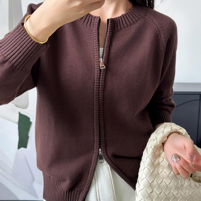 

Autumn Winter Women s Solid Color Cotton Knit Zipper Cardigan - Short, Open-Front Style Sweater Large кофейный