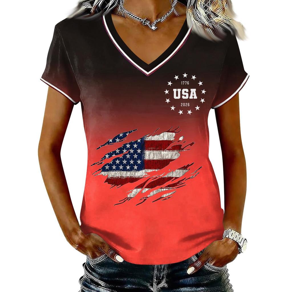 T-shirt Pull Col V Manches Courtes Décontracté pour Femme Imprimé Patriotique Dégradé Haut Jour de l'Indépendance T-shirt Graphique Drapeau USA