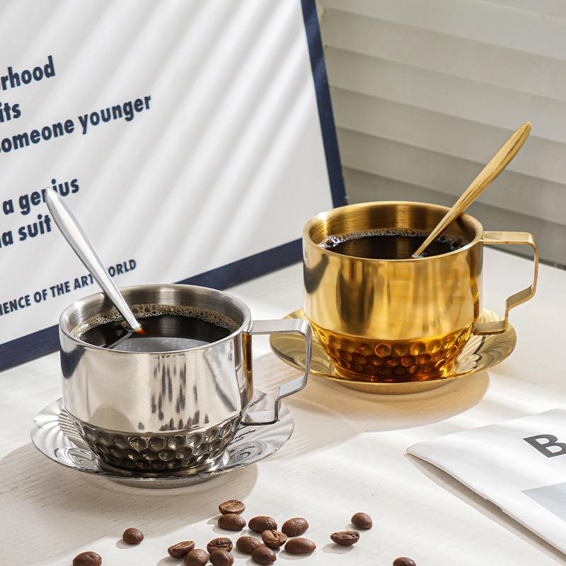 Elegant Coffee Cup with Scoop Saucer,304 Stainless Steel,Espresso Cup,Milk Mug,Cappuccino for Afternoon Tea Camping Cafeteria