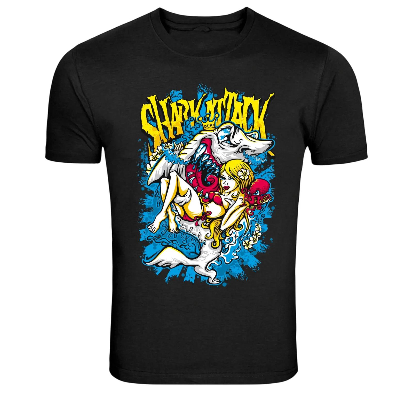 Shark Attack Pinup Girl Graphic T-Shirt Tattoo Style Tee 2XL