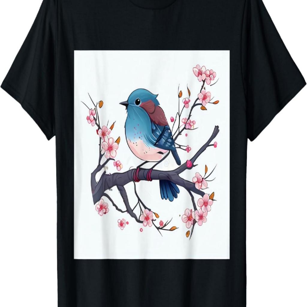 Stylish Eastern Blue Bird On Cherry Blossom Branch T-Shirt