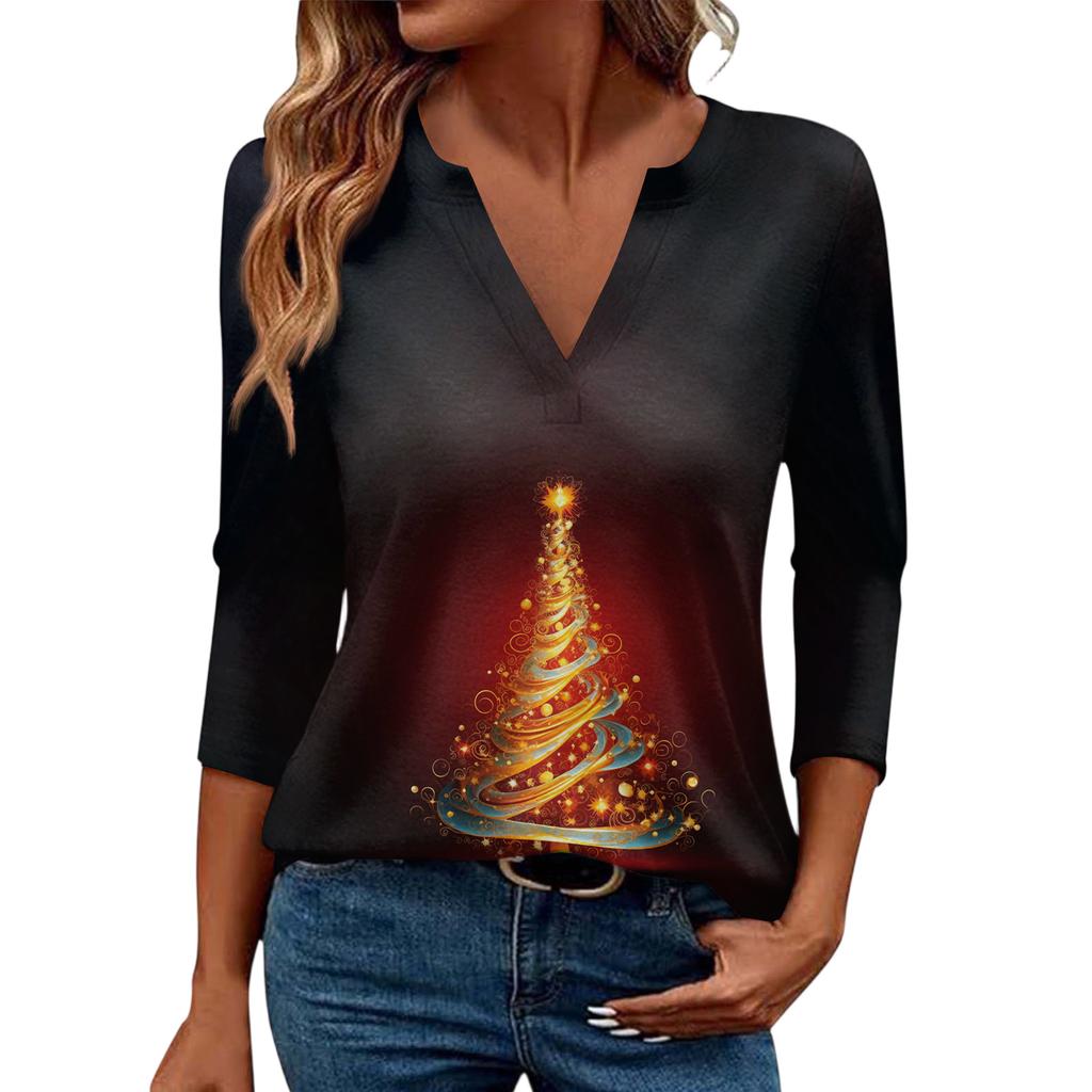 Women's Casual Fashionable Sexy Comfortable V-Neck Christmas Three-Quarter Sleeve Top