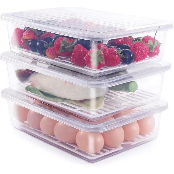 77L Food Storage Container, (3-Pack) Plastic Food Containers with Removable Drain Plate and Lid, Stackable Portable Freezer Storage Containers - Tray Large