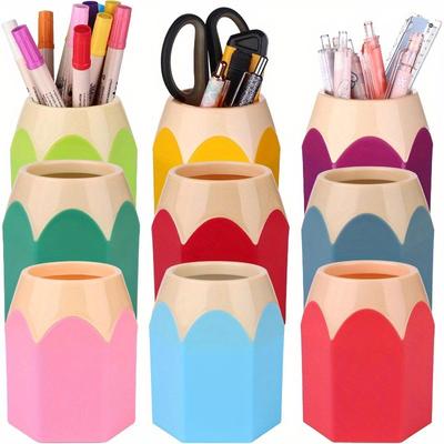 9pcs Cartoon Pencil-Shaped Desk Organizer Set PE Plastic Pen Holder with Cup and Box, Office Colorful Stationery Storage, Desktop Brush Container