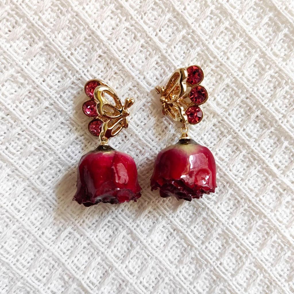 Forest Fairy Natural Rose Real Flower Long Dried Flower Tassel Earrings