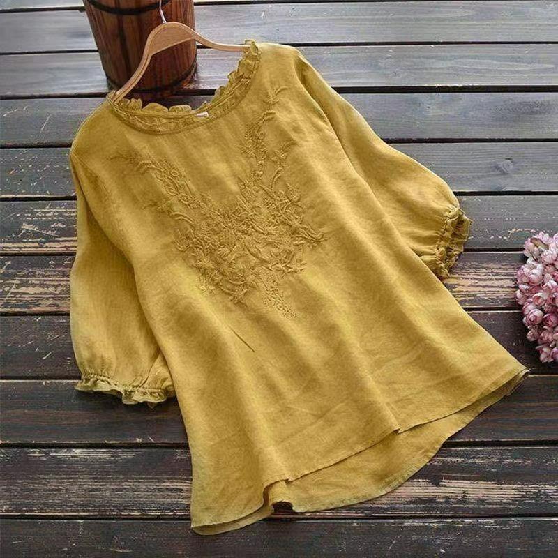 

Cotton and Linen Summer Literary Short-sleeved T-shirt Women s Embroidered Plus Size Mother s Half-sleeved All-match Belly-covering Top S