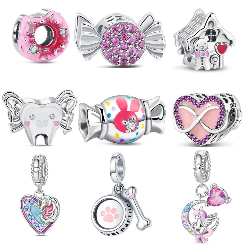 New 925 Copper Pink Candy Lollipop Donuts Dessert Birthday Cake Sweet Life DIY Beads Fit Original Pandora Charm Bracelet Zircon